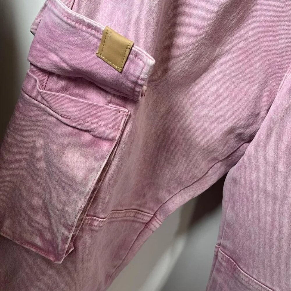 HOMME + FEMME LA distressed flare cargo jeans w/straps washed LIGHT PINK - Picture 8 of 9